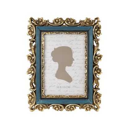 Sunlit Vintage Picture Frame 4x6 Inch, Luxury Antique Photo Frames with Glass Front, Photo Display, Tabletop Wall Hanging, Gift Ideas, Retro Blue and Gold