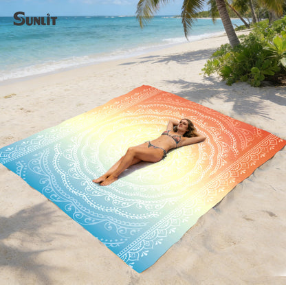 Sunlit Silky Soft Sand Proof Beach Blanket 106"x81" / 85"x72" Sand Proof Mat with Corner Pockets and Mesh Bag for Beach Party, Travel, Camping and Outdoor Music Festival, Mandala