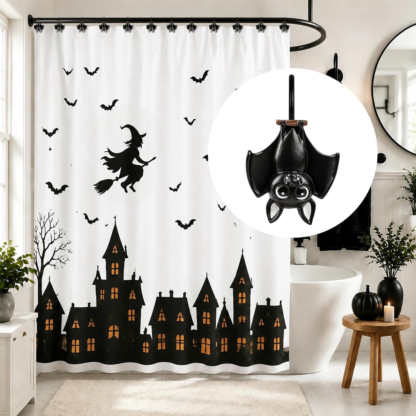 Sunlit Upside Down Bat Shower Curtain Hooks, Home Decorative Shower Curtain Rings for Bathroom, Halloween Shower Curtain Hangers Bathroom Accessories, Set of 12, Black