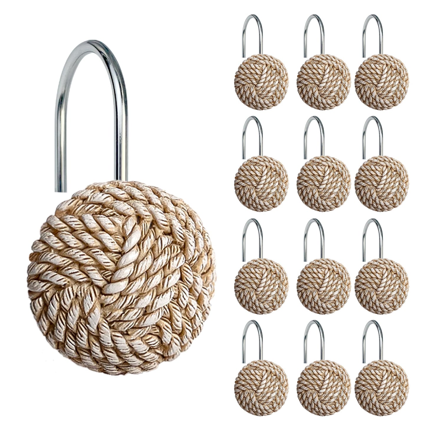 Sunlit Boho Knots Double Shower Curtain Hooks, Home Decorative White Shower Curtain Rings for Bathroom, Seaside Nautical Shower Curtain Hangers Bathroom Accessories, Set of 12
