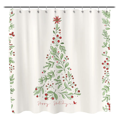 Sunlit Christmas Shower Curtain, Green Xmas Pine Tree with Red Star Ornament Holiday Floral Holly Berries Decorations Festive Bathroom Fabric Shower Curtain, Home Decor Tapestry, 72" x 72"