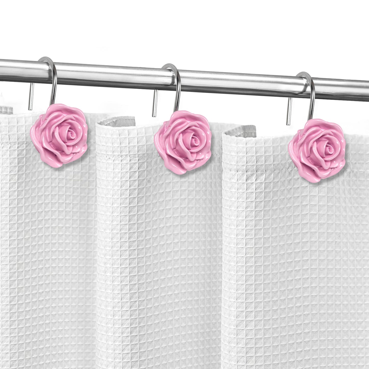 Sunlit Rose Shower Curtain Hooks, Home Decorative Flower Shower Curtain Rings for Bathroom, Resin, Pink Floral Shower Curtain Hanger Hooks for Living Room, Set of 12