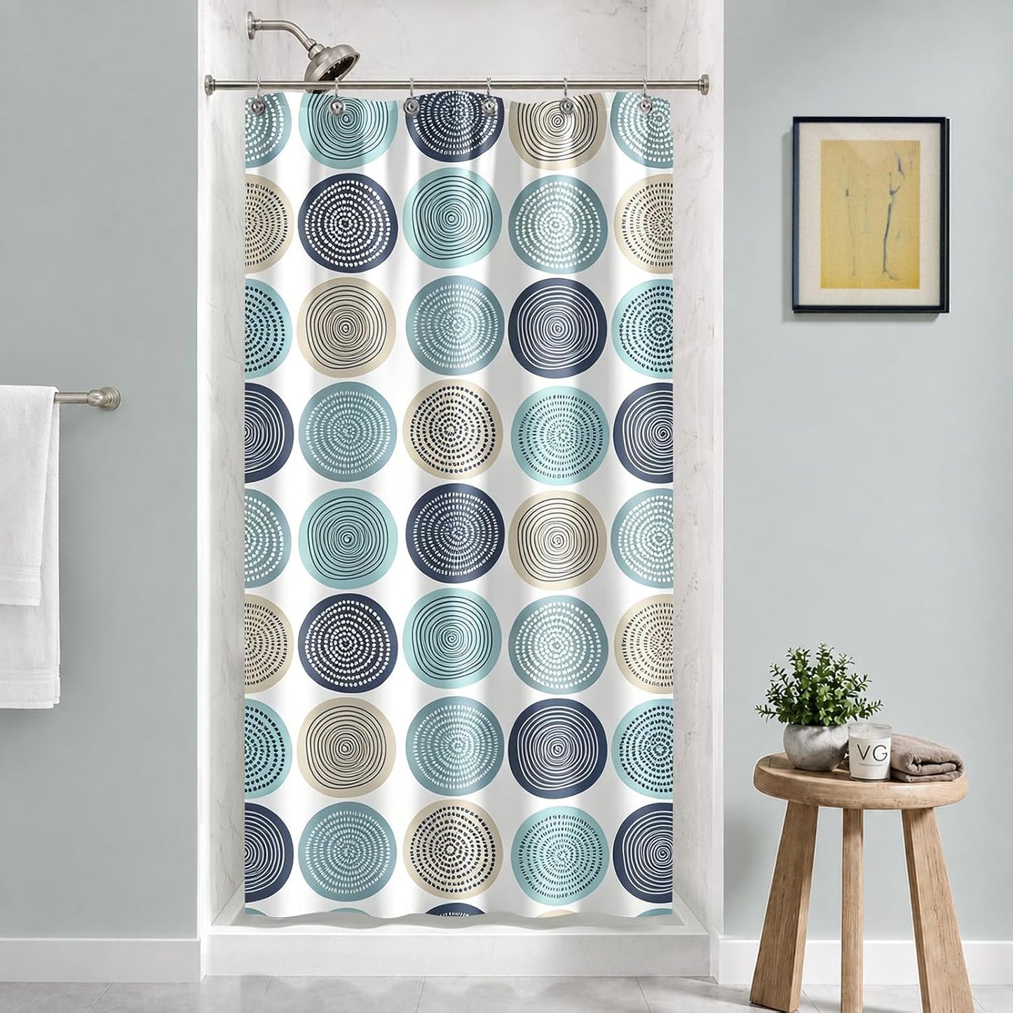 Sunlit Abstract Tree Rings Woody Artistic Small Stall Shower Curtain 36 x 72 Inches RV Half Size Narrow Bathroom Curtains Nature Pale Blue Teal Beige Light Brown Fabric Bathroom Decor