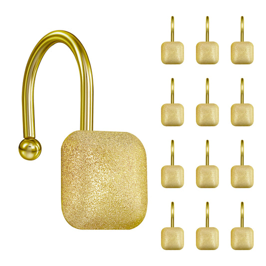 Sunlit Gold Shower Curtain Hooks, Square Metal Home Decorative Shower Curtain Rings for Bathroom, Modern Shower Curtain Hangers Bathroom Accessories, Set of 12