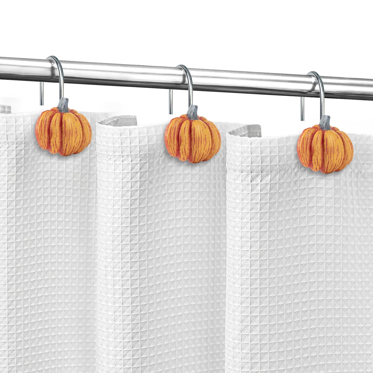 Sunlit Fall Pumpkin Decorative Shower Curtain Hooks, Autumn Harvest Festival Shower Curtain Rings, Resin, Orange Farmhouse Bathroom Curtain Hangers Decoration, Set of 12
