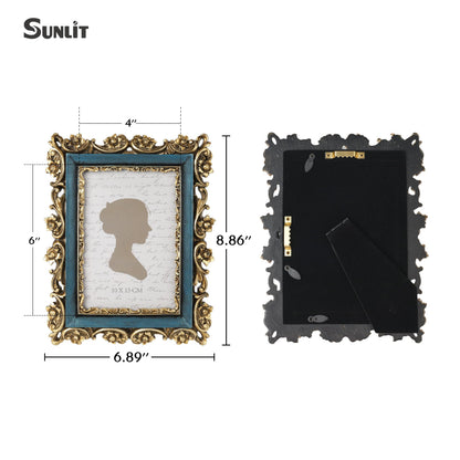 Sunlit Vintage Picture Frame 4x6 Inch, Luxury Antique Photo Frames with Glass Front, Photo Display, Tabletop Wall Hanging, Gift Ideas, Retro Blue and Gold
