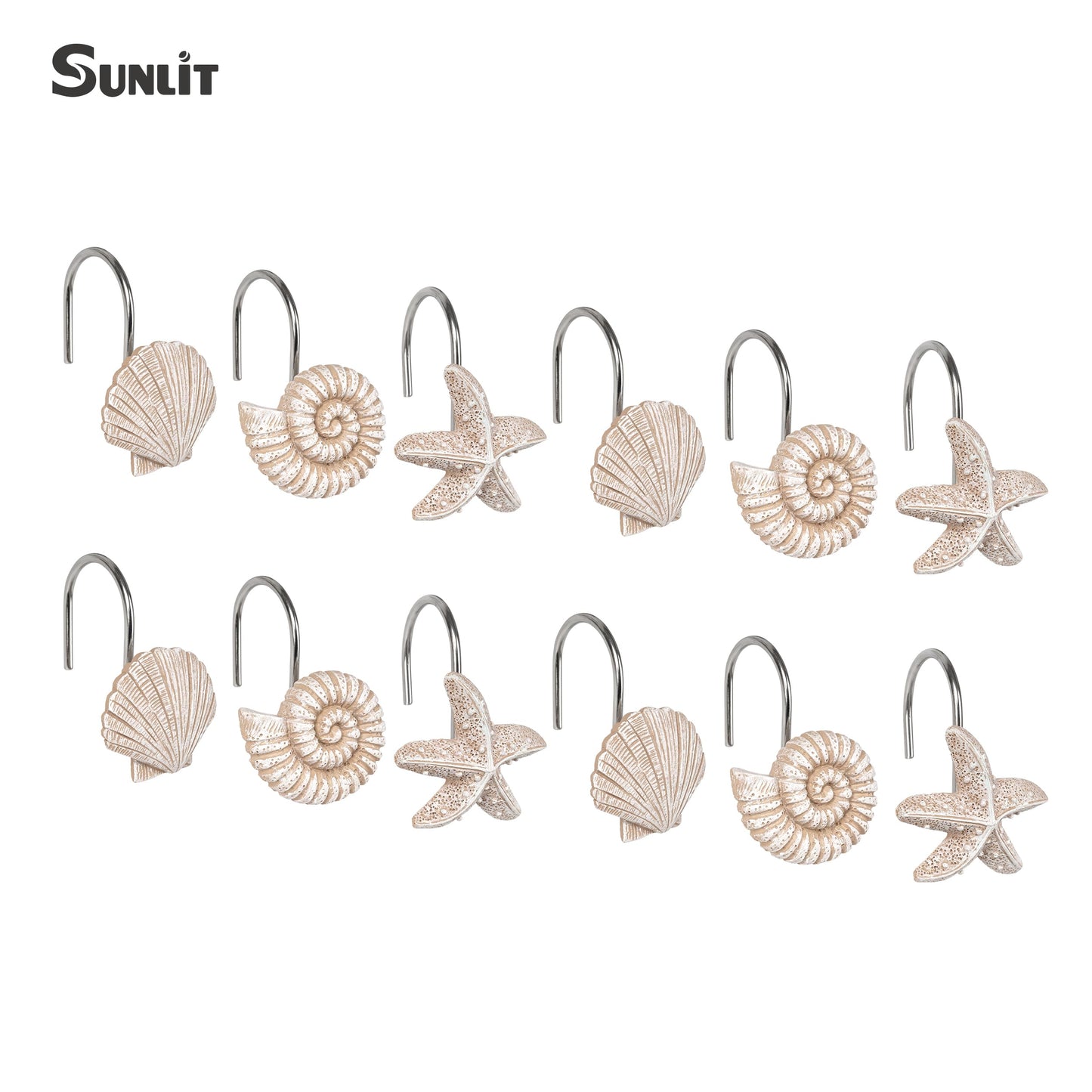 Sunlit Seashells Decorative Shower Curtain Hooks, Scallop Nautilus & Seahorse Shower Curtain Rings, Seashell Blush, Resin, Nautical Bathroom Decoration Beach Shower Curtain Hooks-12 Pack