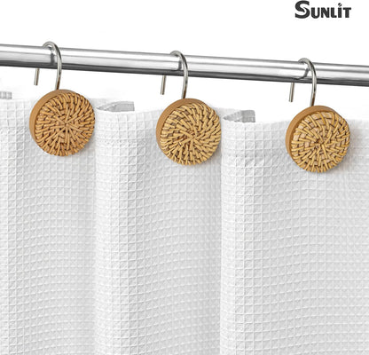Sunlit Boho Shower Curtain Hooks, Woven Wicker Ratten Decorative Shower Curtain Rings for Bathroom, Farmhouse Shower Curtain Hangers Bathroom Accessories, Set of 12