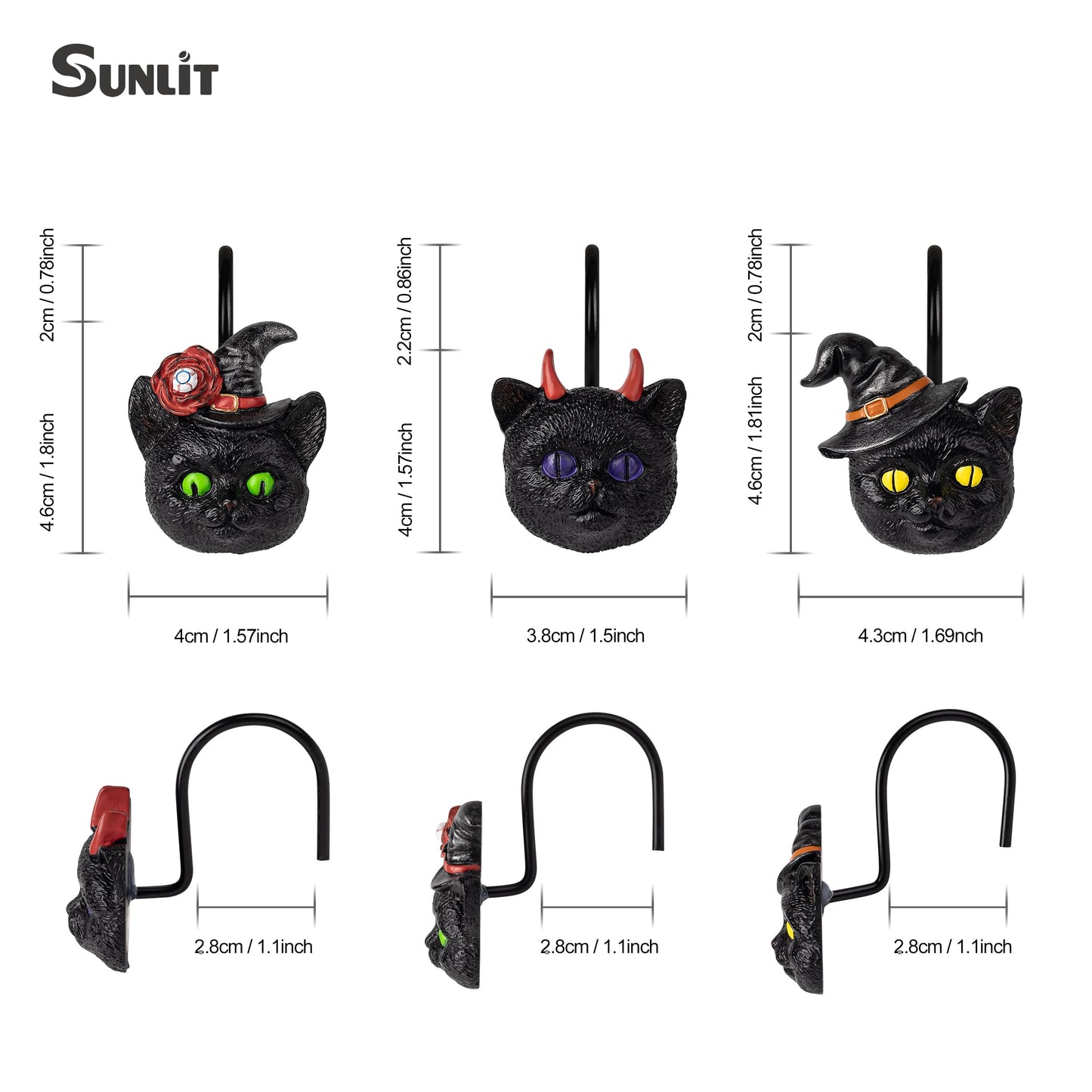 Sunlit Halloween Black Cat Shower Curtain Hooks, Home Decorative Shower Curtain Rings for Bathroom, Halloween Shower Curtain Hangers Bathroom Accessories, Set of 12, Wizard Cat