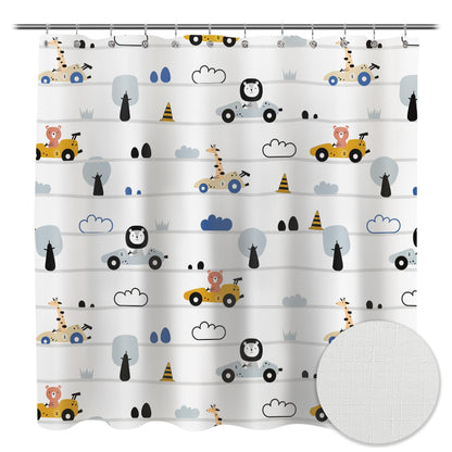 Sunlit Funny Car Race Fabric Kids Shower Curtain, Cute Cartoon Animal Drivers with Giraffe, Lion & Bear, Fun Road Trip Theme Bathroom Decor for Boys and Girls, 72 x 72 Inches, Sage Green
