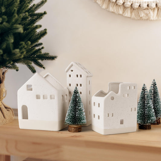 Sunlit Ceramic Christmas Village Sets of 3 Houses with 3 Tea Lights & 3 Frosted Trees, Christmas Decorations Indoor, Xmas Holiday Farmhouse Vintage Rustic Decor for Tabletop Mantle, Beige