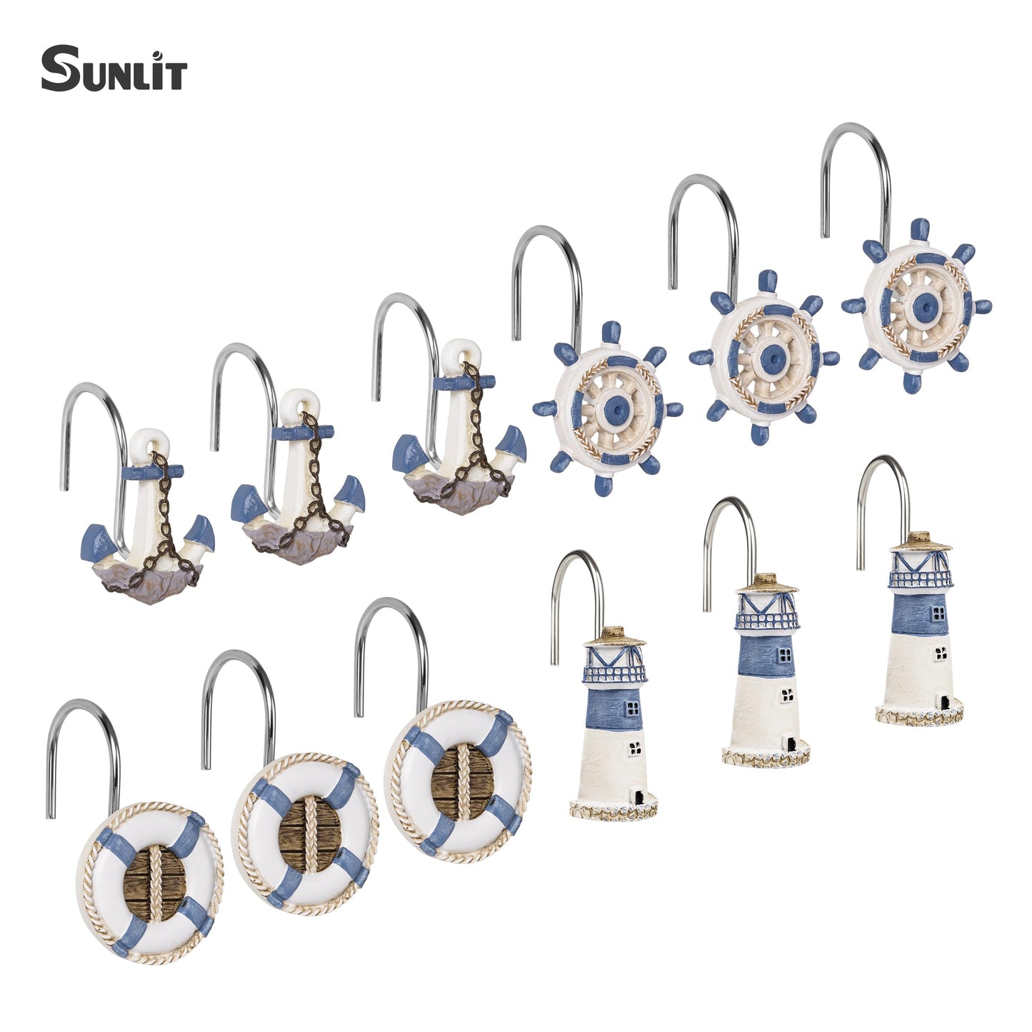 Sunlit Nautical Shower Curtain Hooks, Home Decorative Coastal Shower Curtain Rings for Bathroom, Resin, Ocean Shower Curtain Hanger Hooks for Living Room, Set of 12, Blue Lighthouse Sailboat