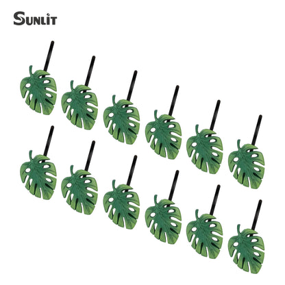 Tropical Leaf Decorative Shower Curtain Hooks, Green Botanical Shower Curtain Rings with Black Hooks, Resin, Monstera Deliciosa Leaves Shower Curtain Hangers for Bathroom, Set of 12