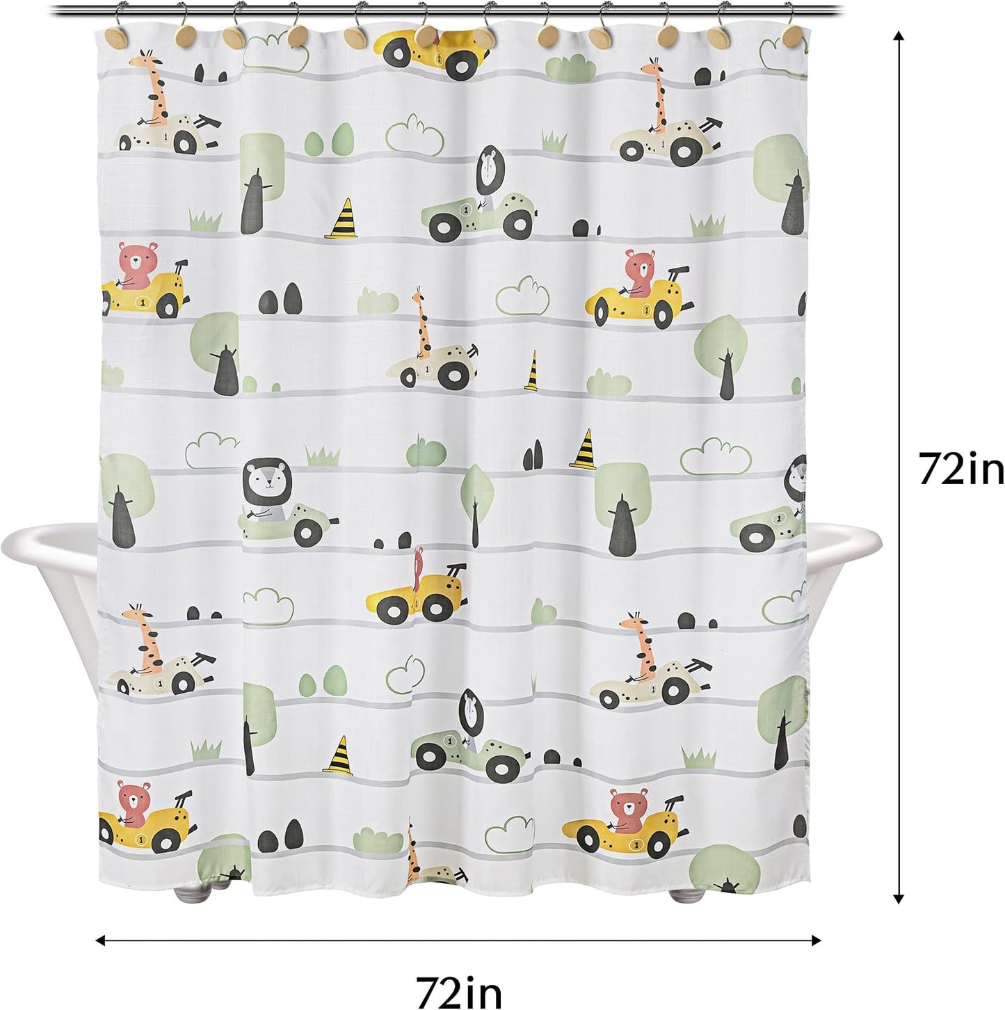 Sunlit Funny Car Race Fabric Kids Shower Curtain, Cute Cartoon Animal Drivers with Giraffe, Lion & Bear, Fun Road Trip Theme Bathroom Decor for Boys and Girls, 72 x 72 Inches, Sage Green