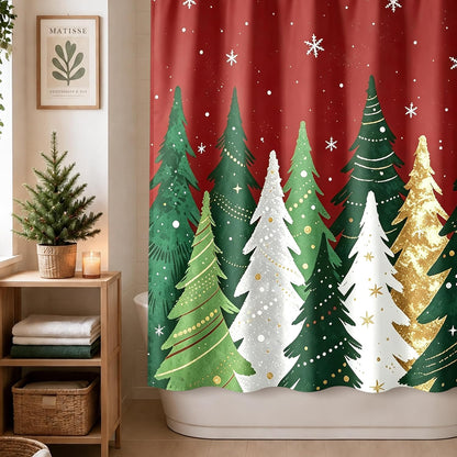 Sunlit Red Christmas Shower Curtain, Christmas Pine Tree with Snowflakes Fabric Shower Curtain, Festive Winter Bathroom Decor, 72" x 72"