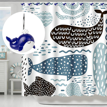 Sunlit Whales Shower Curtain Hooks, Nautical Home Decorative Shower Curtain Rings, Hand-Painted Resin, Cute Ocean Shower Curtain Hanger Hooks for Kids Bathroom, Set of 12