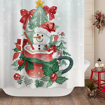 Sunlit Christmas Shower Curtain, Red Mug Hot Cocoa with Snowman Marshmallows and Gingerbread Cookies, Whimsical Holiday Scene Festive Bathroom Fabric Shower Curtain, Home Decor Tapestry, 72" x 72"