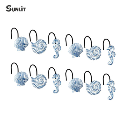 Sunlit Seashells Decorative Shower Curtain Hooks, Aqua Blue Ocean Creatures Coastal Shower Curtain Rings with Black Hooks, Resin, Nautical Bathroom Decoration Beach Shower Curtain Hooks, Set of 12