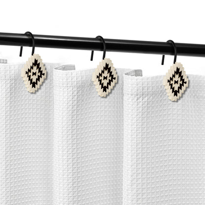 Sunlit Western Shower Curtain Hooks, Aztec Tribal Shower Curtain Hanger Hooks, Decorative Resin Rustic Geometric Curtain Rings for Bathroom, Set of 12, Black and Cream White