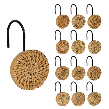 Sunlit Boho Decorative Shower Curtain Hooks, Woven Wicker Ratten Beige Shower Curtain Rings for Bathroom, Farmhouse Shower Curtain Hangers Bathroom Accessories, Set of 12