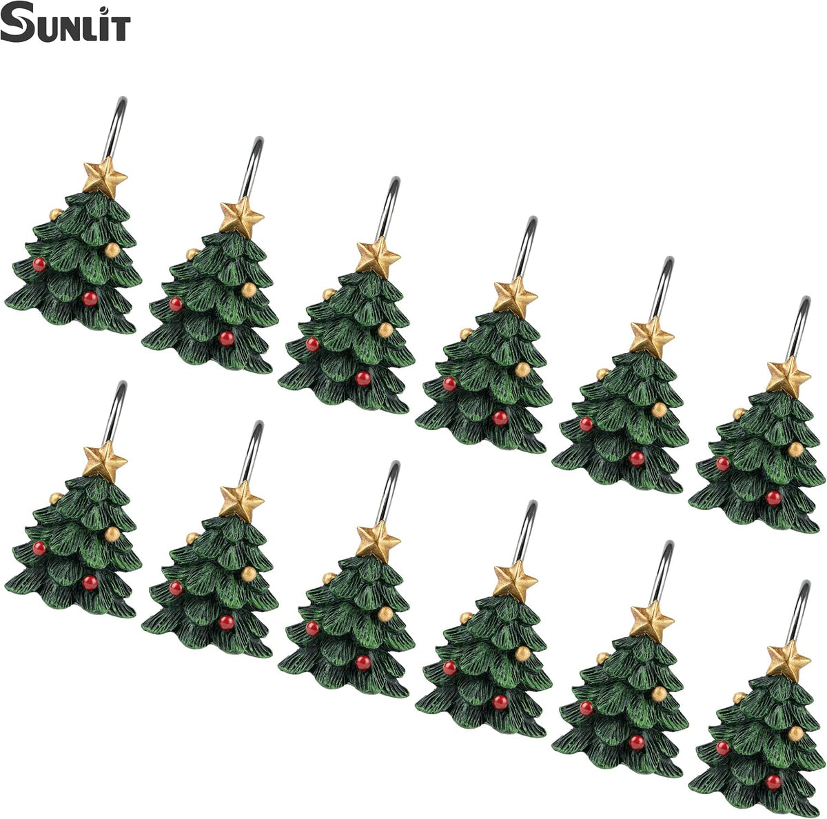 Sunlit Christmas Tree Decorative Shower Curtain Hooks with Star, Green Shower Curtain Rings, Resin, Xmas Theme Winter Holiday Bathroom Decoration, Set of 12