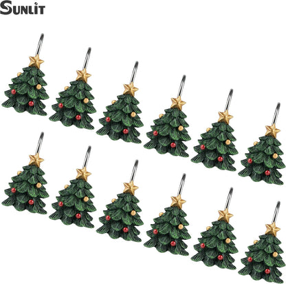 Sunlit Christmas Tree Decorative Shower Curtain Hooks with Star, Green Shower Curtain Rings, Resin, Xmas Theme Winter Holiday Bathroom Decoration, Set of 12