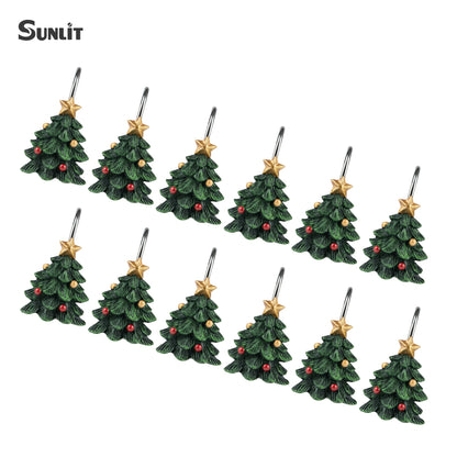 Sunlit Christmas Tree Decorative Shower Curtain Hooks with Star, Green Shower Curtain Rings, Resin, Xmas Theme Winter Holiday Bathroom Decoration, Set of 12