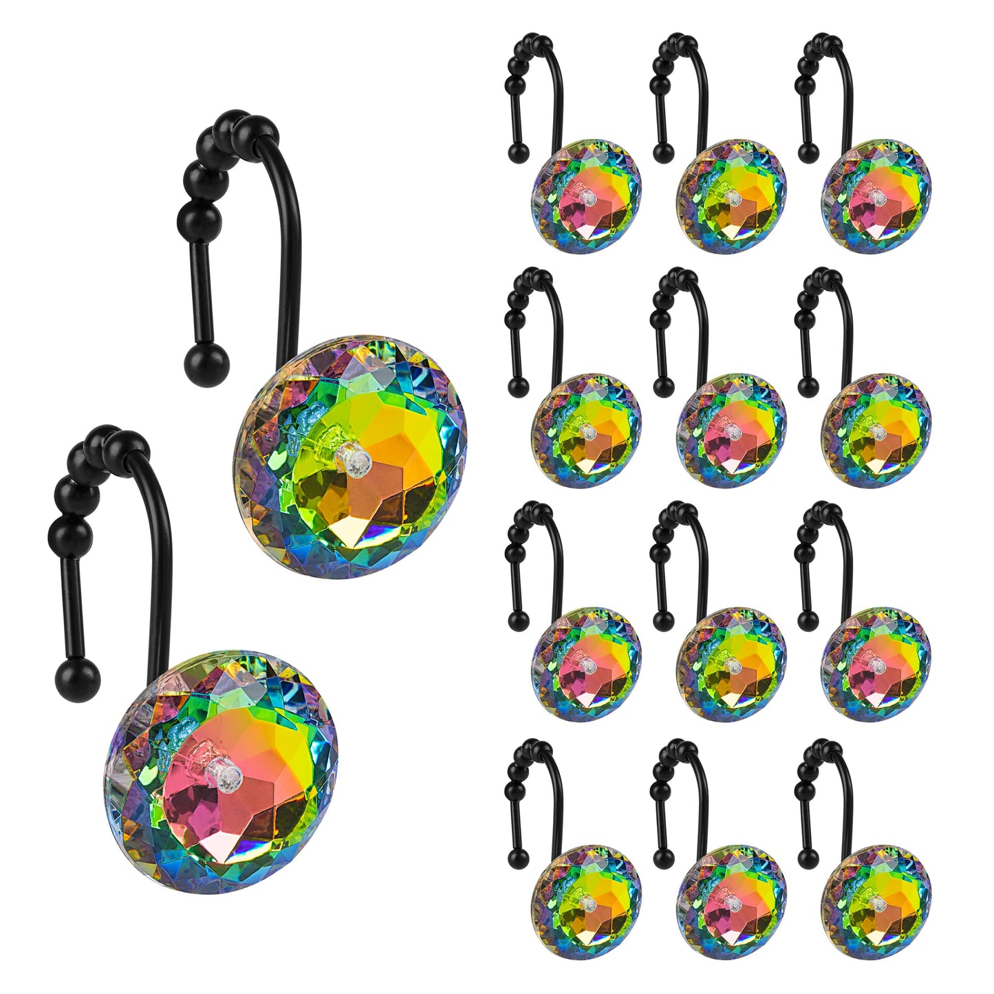 Sunlit Luxury Design Round Clear Diamond Crystal Gem Bling with Glide Balls Double Shower Curtain Hooks, Rust Proof Metal Rhinestones Glam Shower Curtain Rings-12 Pack