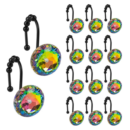 Sunlit Luxury Design Round Clear Diamond Crystal Gem Bling with Glide Balls Double Shower Curtain Hooks, Rust Proof Metal Rhinestones Glam Shower Curtain Rings-12 Pack