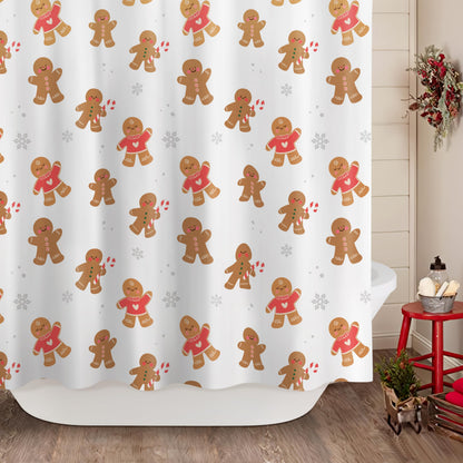 Sunlit Christmas Shower Curtain, Pink Holiday Gingerbread Men with Candy Canes and Snowflakes Cute Xmas Cookie Pattern, Festive Bathroom Fabric Shower Curtain, Home Decor Tapestry, 72" x 72"