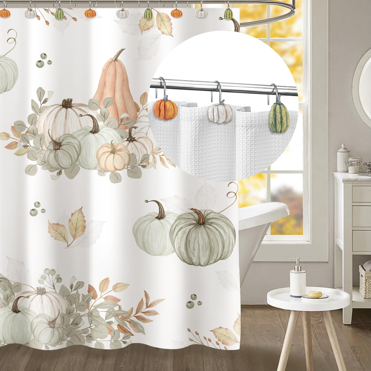 Sunlit Fall Pumpkin Decorative Shower Curtain Hooks, Autumn Harvest Festival Shower Curtain Rings, Resin Farmhouse Bathroom Curtain Hangers Decoration, Set of 12, Orange Blue White