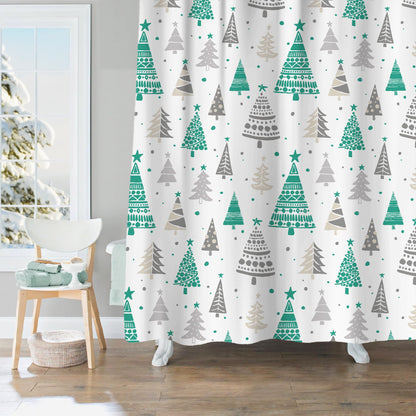 Sunlit Christmas Shower Curtain, Red and Gray Xmas Trees with Stars and Snow Pattern Shower Curtain for Bathroom Decor, 71x71 Inch