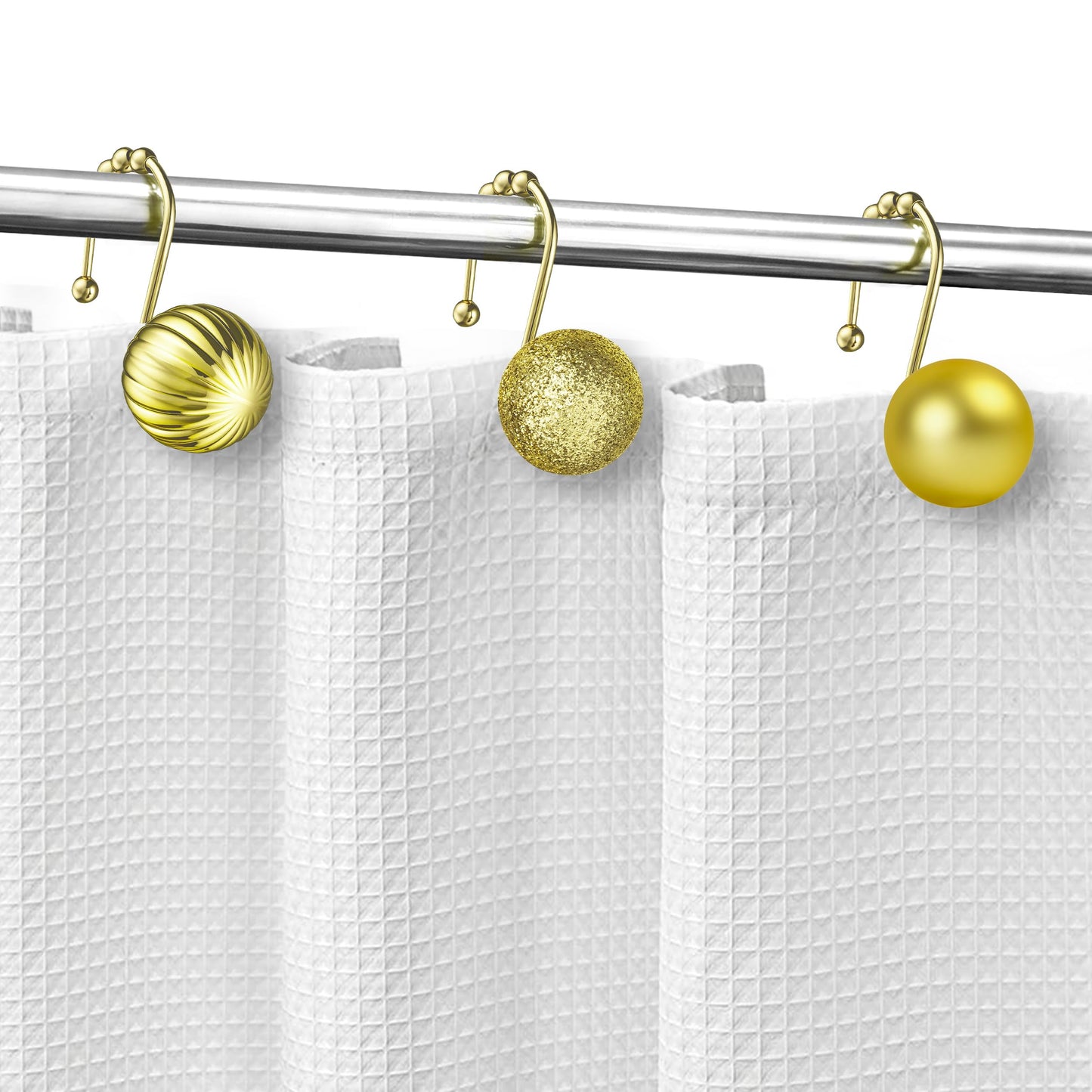 Sunlit Christmas Balls Decorative Shower Curtain Hooks, Shower Curtain Rings with Roller Balls, Xmas Theme Winter Holiday Bathroom Decoration, Set of 12, Red