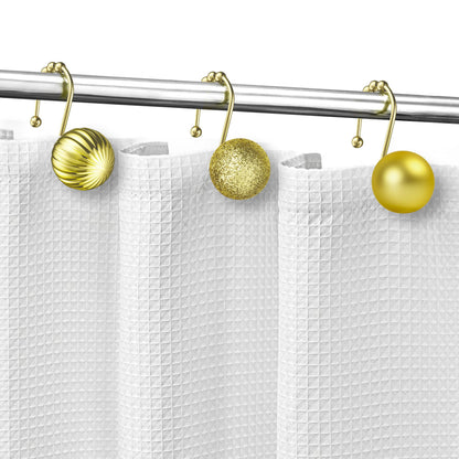 Sunlit Christmas Balls Decorative Shower Curtain Hooks, Shower Curtain Rings with Roller Balls, Xmas Theme Winter Holiday Bathroom Decoration, Set of 12, Red