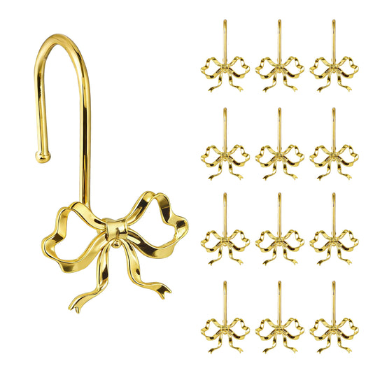 Sunlit Cute Gold Bow Knot Shower Curtain Hooks, Metal Home Decorative Shower Curtain Rings for Bathroom, Shower Curtain Hangers Bathroom Accessories, Set of 12
