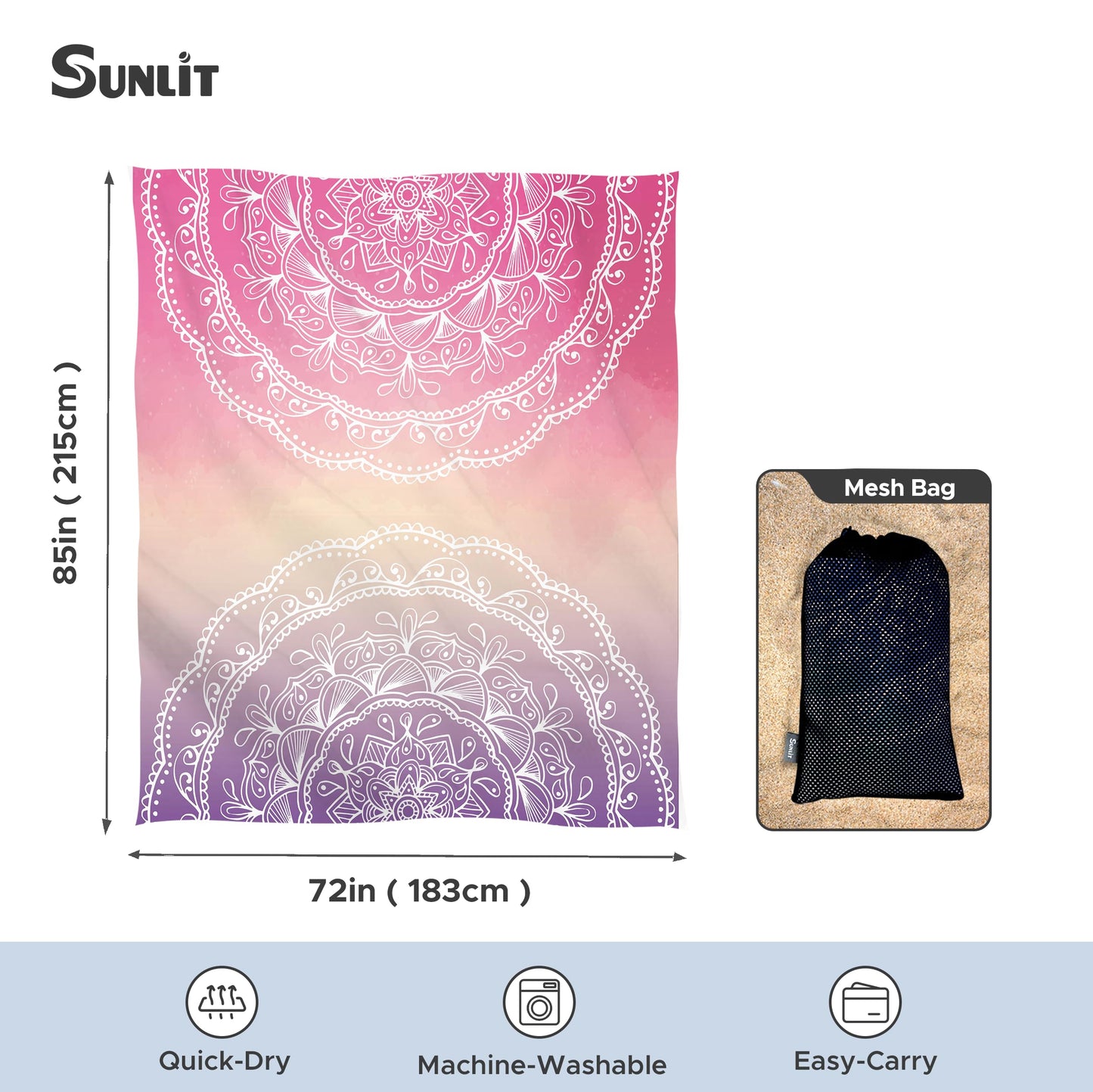 Sunlit Silky Soft Sand Proof Beach Blanket 106"x81" / 85"x72" Sand Proof Mat with Corner Pockets and Mesh Bag for Beach Party, Travel, Camping and Outdoor Music Festival, Mandala