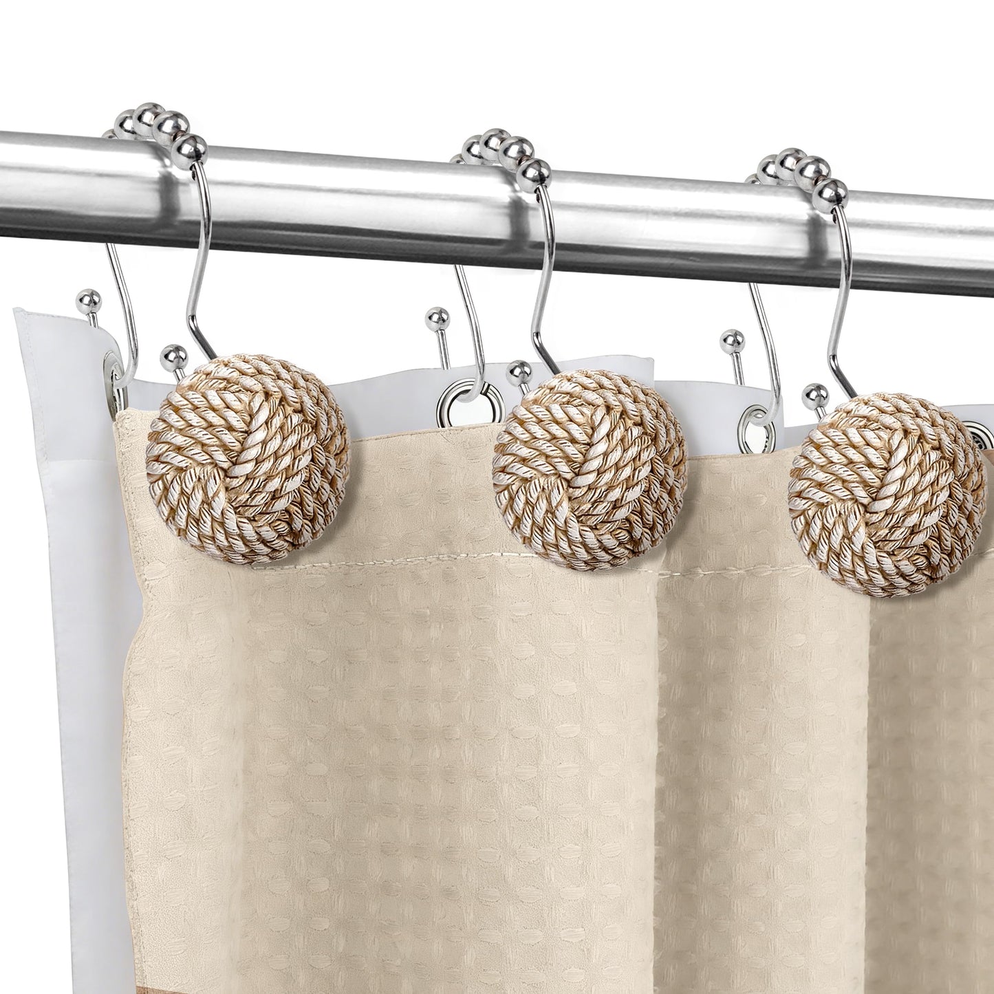 Sunlit Boho Knots Double Shower Curtain Hooks, Home Decorative White Shower Curtain Rings for Bathroom, Seaside Nautical Shower Curtain Hangers Bathroom Accessories, Set of 12