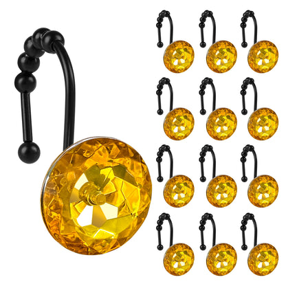 Sunlit Luxury Design Round Yellow Diamond Crystal Gem Bling with Glide Balls Shower Curtain Hooks, Rust Proof Metal Rhinestones Glam Shower Curtain Rings-12 Pack