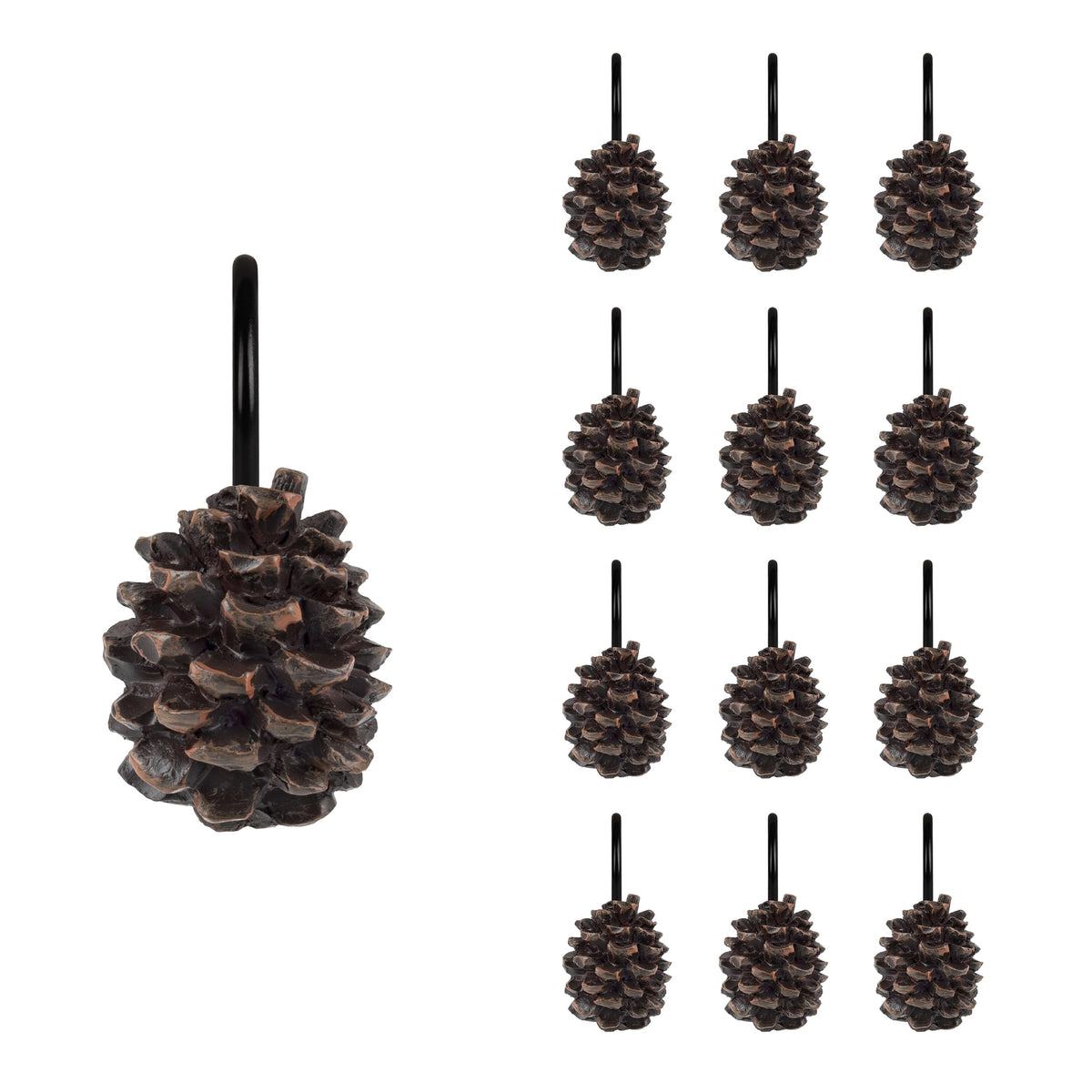 Sunlit Snowy Pinecone Shower Curtain Hooks Set of 12, Snow-Tipped Pine Cone Curtain Rings for Christmas Winter Bathroom Decor, Rustic Decorative Resin Bath Accessories