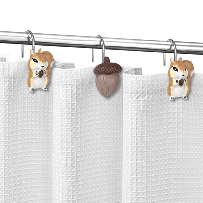 Sunlit Fall Autumn Decorative Shower Curtain Hooks, Squirrel Acorn Shower Curtain Rings, Resin, Orange Brown Cute Bathroom Curtain Hangers Decoration, Set of 12