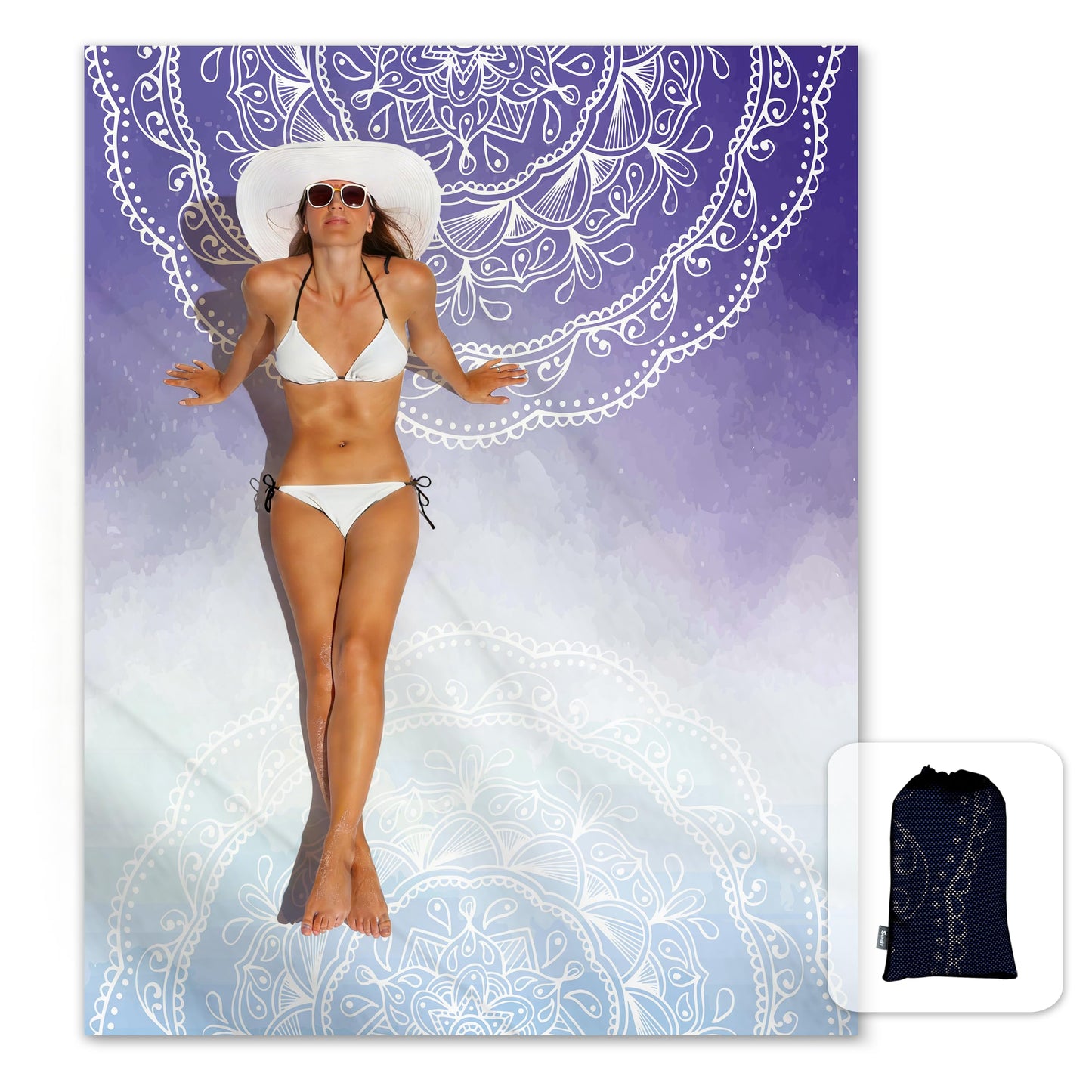 Sunlit Silky Soft Sand Proof Beach Blanket 106"x81" / 85"x72" Sand Proof Mat with Corner Pockets and Mesh Bag for Beach Party, Travel, Camping and Outdoor Music Festival, Mandala