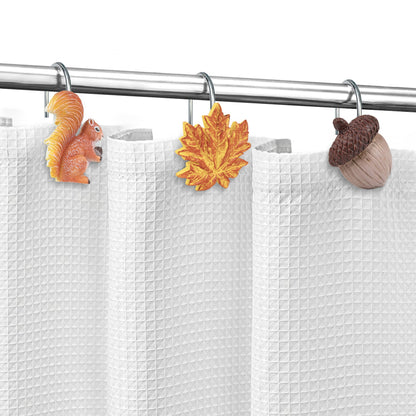 Sunlit Fall Autumn Decorative Shower Curtain Hooks, Squirrel Acorn Shower Curtain Rings, Resin, Orange Brown Cute Bathroom Curtain Hangers Decoration, Set of 12