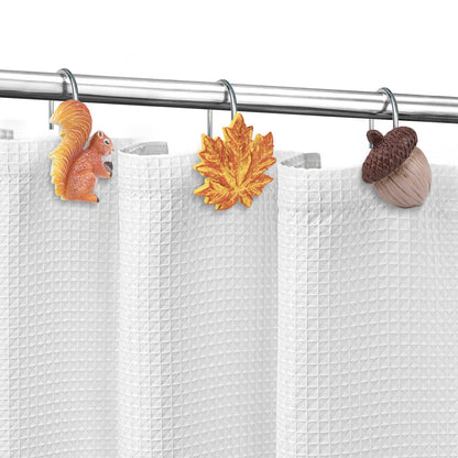 Sunlit Fall Autumn Decorative Shower Curtain Hooks, Pumpkin Maple Leaf Squirrel Acorn Shower Curtain Rings, Resin, Orange Leaves Cute Bathroom Curtain Hangers Decoration, Set of 12