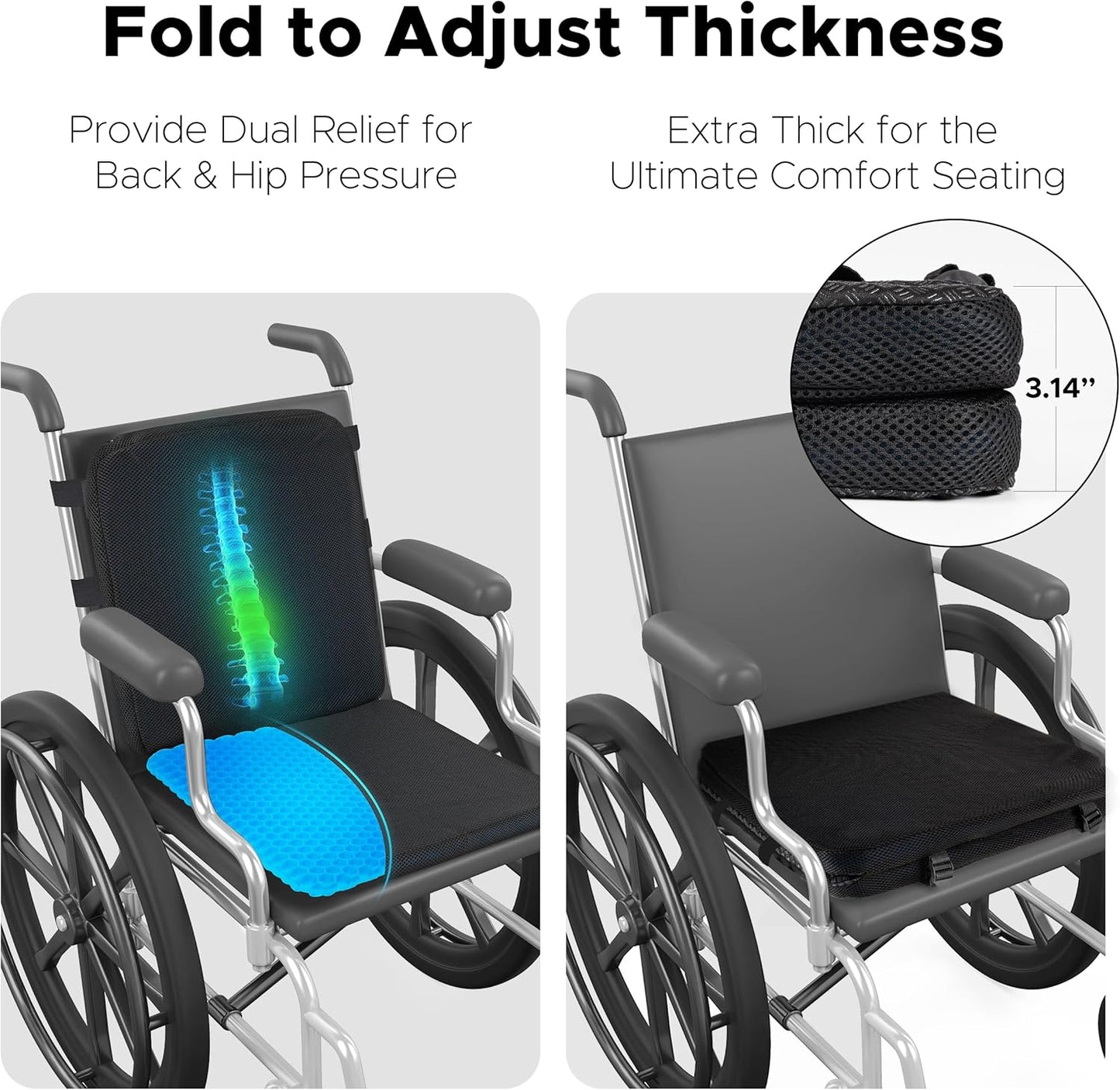 Sunlit Large Gel Seat Cushion & Back Cushion for Long Sitting with Non-Slip Cover, Gel Cushions for Wheelchair Office Chair Car Seat, Reduce Tailbone Pressure Hip Pain Relief (18.5''x16.9''x 1.57'')