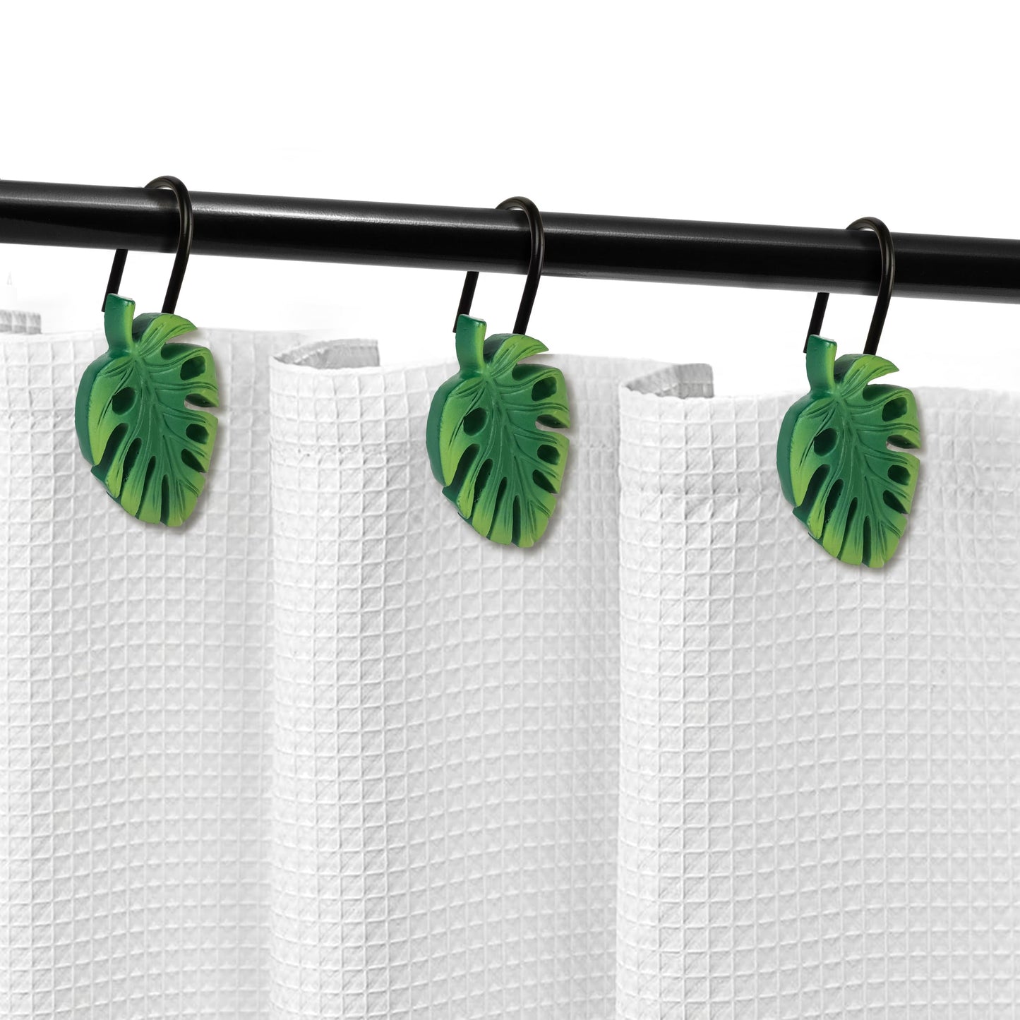 Tropical Leaf Decorative Shower Curtain Hooks, Green Botanical Shower Curtain Rings with Black Hooks, Resin, Monstera Deliciosa Leaves Shower Curtain Hangers for Bathroom, Set of 12