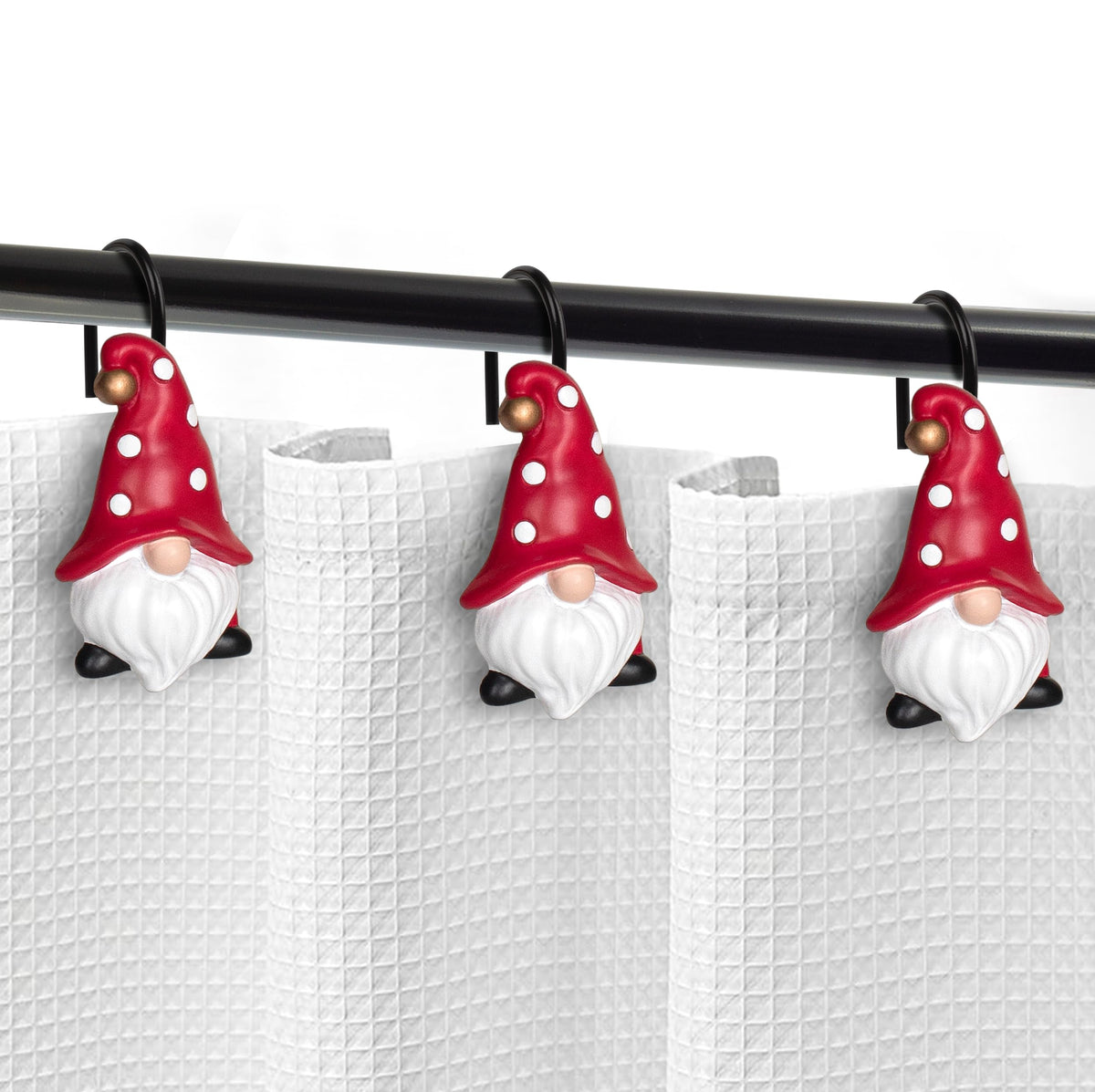 Sunlit Christmas Shower Curtain Hooks, Gnome Shower Curtain Rings, Hand Painted Resin Christmas Decor, Winter Bathroom Decoration, Black Green Red with Star, Set of 12