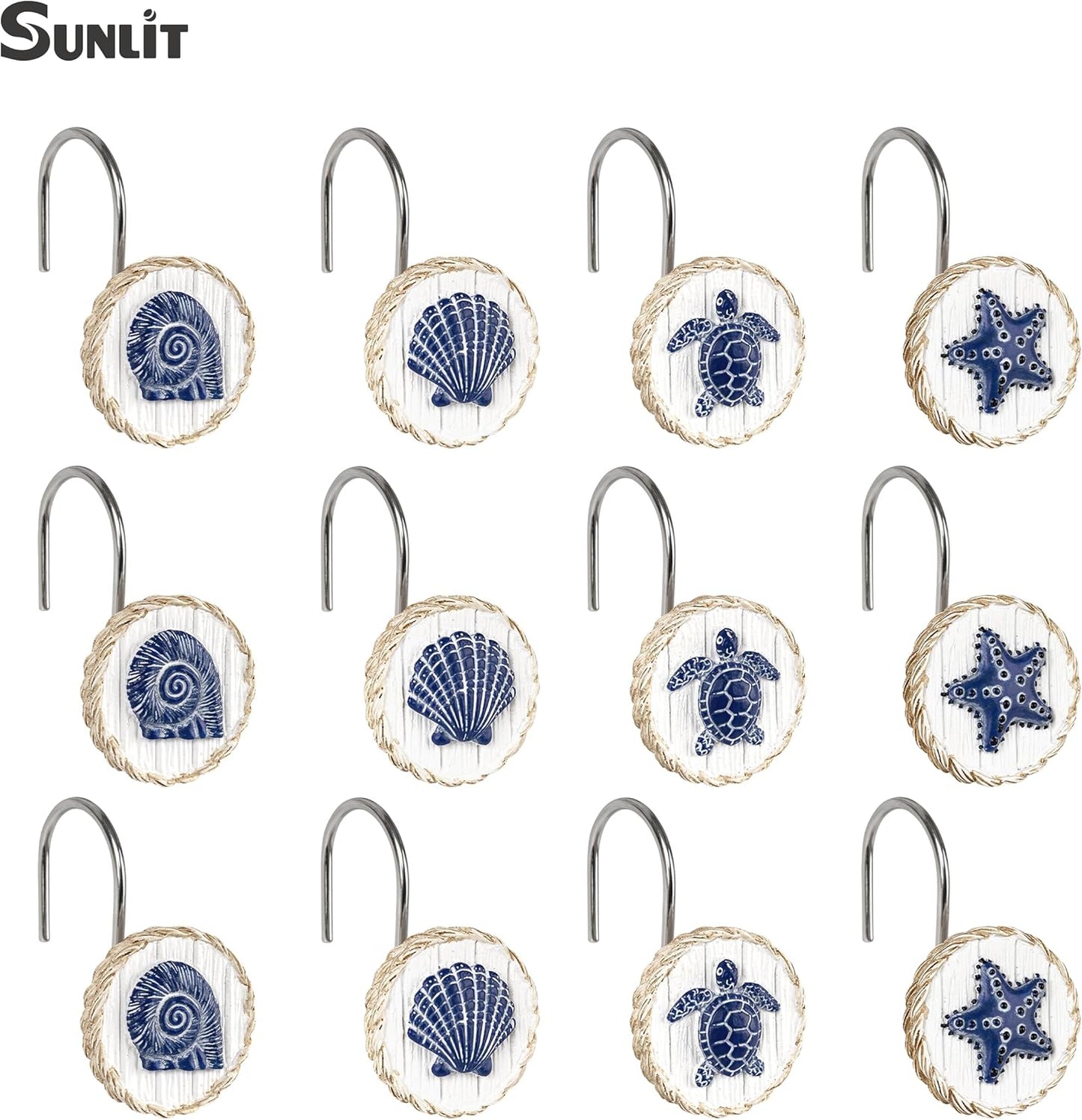 Sunlit Ocean Decorative Shower Curtain Hooks, Sea Turtle Spiral Shell Starfish Conch Shower Curtain Rings, Resin, Nautical Farmhouse Bathroom Decoration Beach Shower Curtain Hooks-12 Pack, Navy