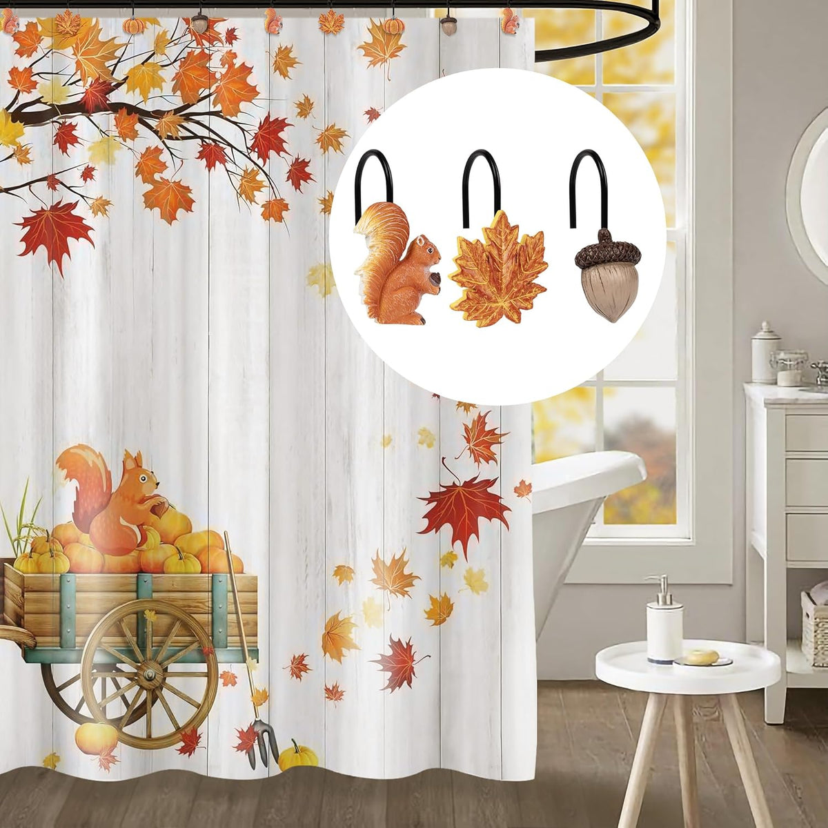 Sunlit Fall Autumn Decorative Shower Curtain Hooks, Pumpkin Maple Leaf Squirrel Acorn Shower Curtain Rings with Black Hooks, Resin, Orange Leaves Cute Bathroom Curtain Hangers Decoration, Set of 12