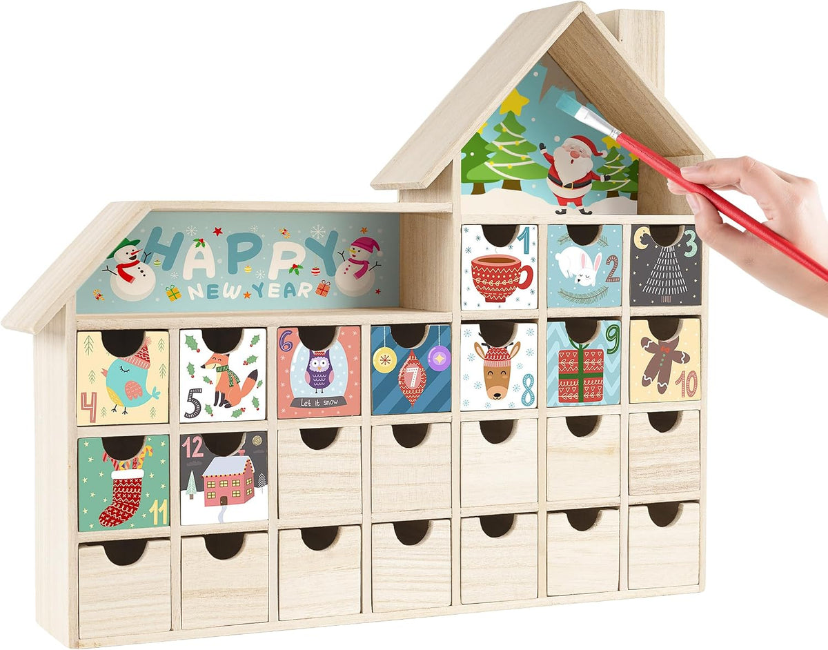 Sunlit Christmas Wooden Advent Calendar with Drawers, Unfinished Wooden, Chalet Shaped Countdown Calendar Ready to Decorate and Personalize | Craft Storage Box | DIY Guru and Crafters