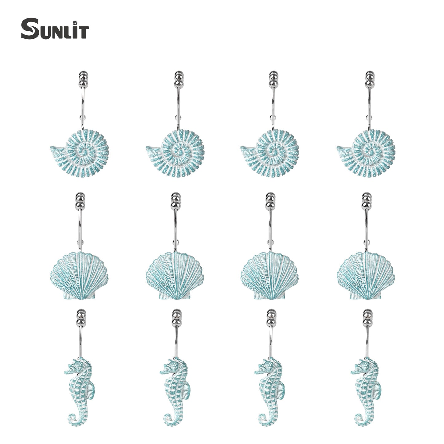 Sunlit Seashells Decorative Shower Curtain Hooks, Aqua Blue Ocean Creatures Coastal Shower Curtain Rings with Black Hooks, Resin, Nautical Bathroom Decoration Beach Shower Curtain Hooks, Set of 12